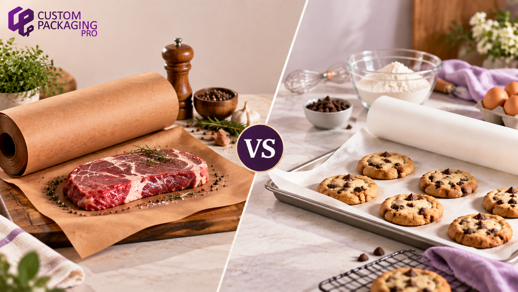 Butcher paper vs parchment paper comparison showing kraft butcher paper with smoked food and parchment paper with baked cookies