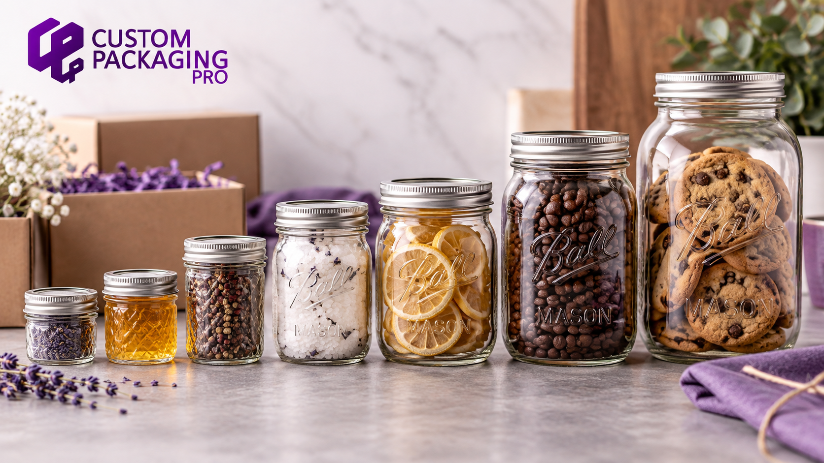 Mason jar sizes displayed from small to large with glass jars, lids, food storage examples, and Custom Packaging Pro branding