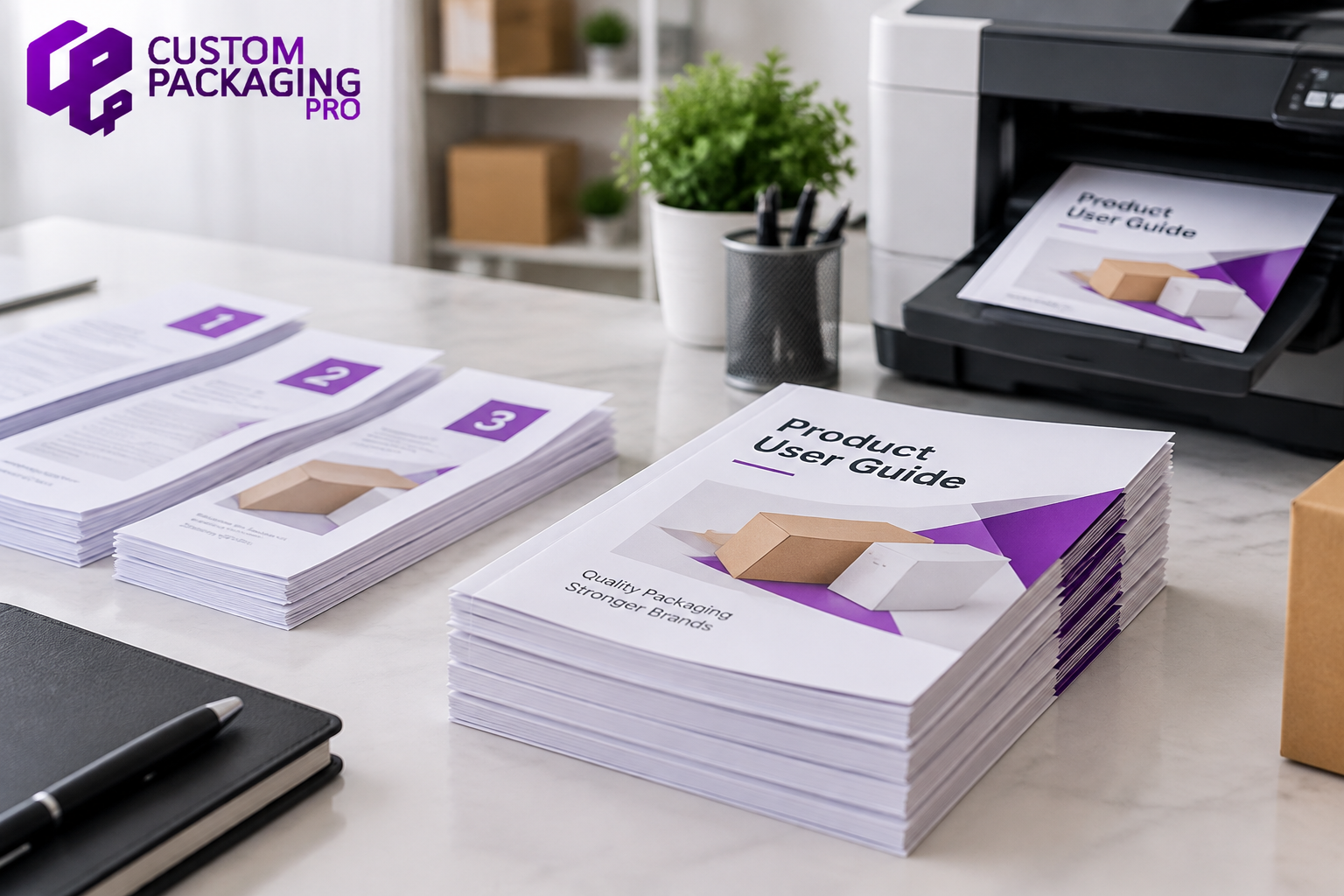 Collated printing process showing organized product manuals and printed document sets for packaging materials