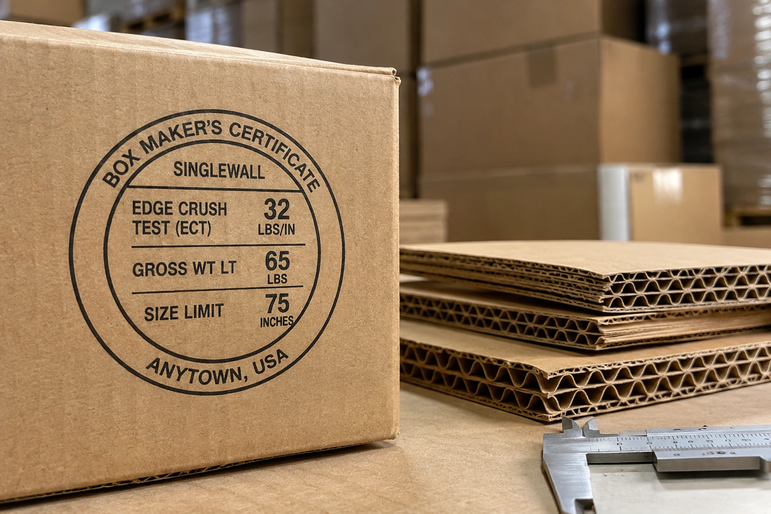 32 ECT corrugated shipping box with edge crush test certification stamp, cardboard flute samples, and measuring caliper.