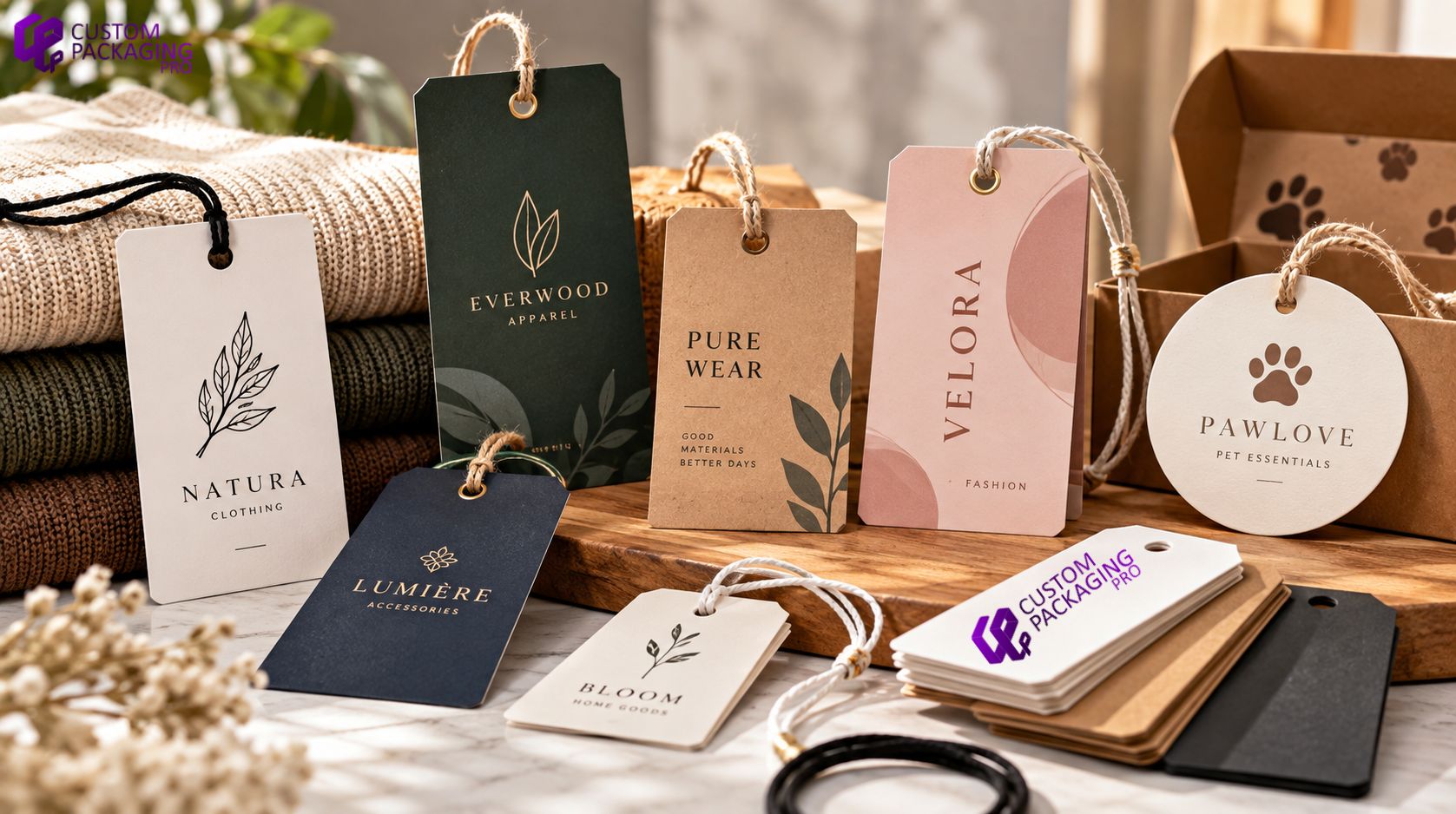 Custom hang tags in different shapes, colors, materials, and finishes arranged with clothing, packaging boxes, and branded retail products.