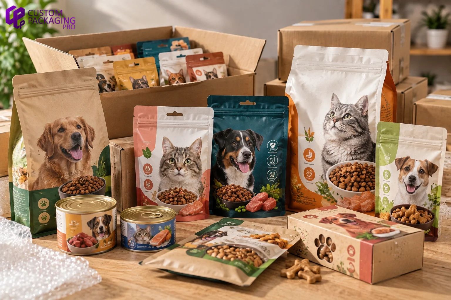 Pet food packaging featuring custom dog and cat food bags, pouches, tins, and boxes arranged on a tabletop