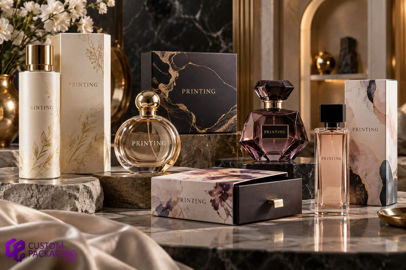 Luxury fragrance packaging with custom perfume boxes and bottles showcasing premium printing designs