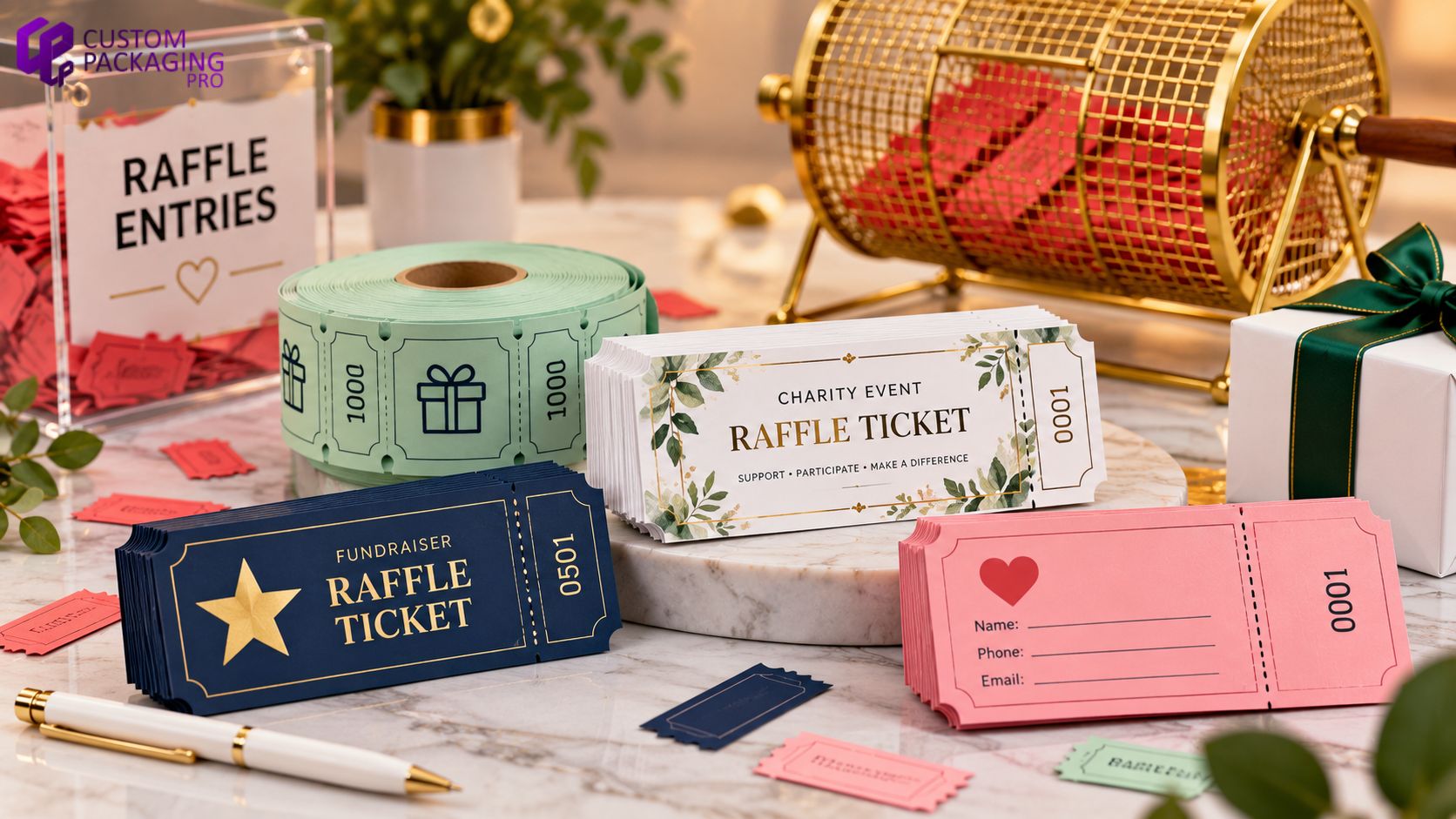 Custom raffle tickets with colorful numbered ticket rolls, perforated stubs, and raffle drum for fundraiser events