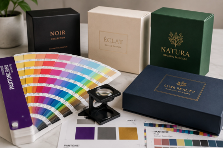 Pantone Matching System (PMS) color guide with premium packaging boxes and color swatches for accurate brand color printing and custom packaging design
