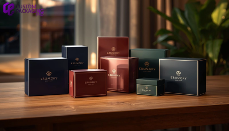 High-shine gloss finish custom retail product boxes with vibrant color graphics displayed under bright studio lighting