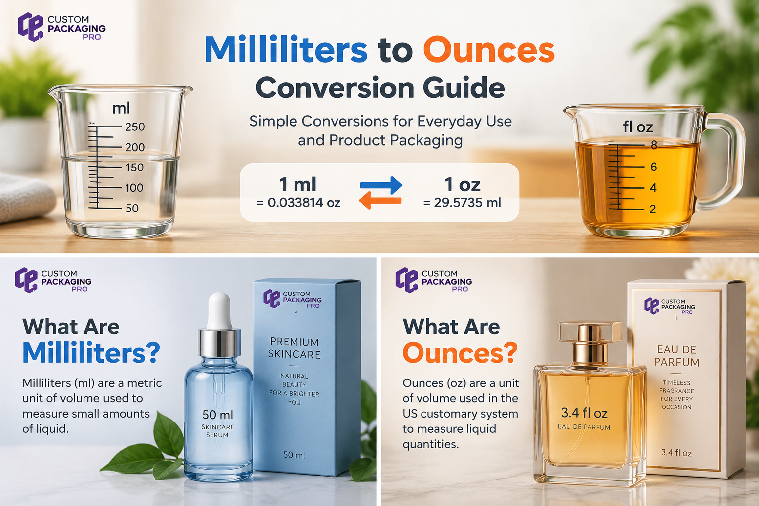 Milliliters to ounces conversion guide with measuring cups showing ml and oz liquid measurements for accurate volume conversion