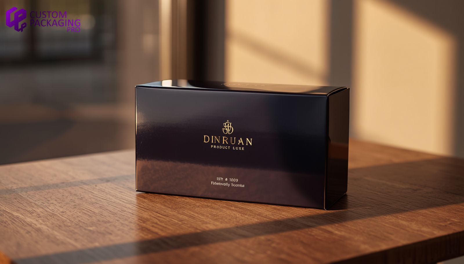 Luxury dark custom packaging box with a smooth gloss finish and gold foil branding on a wooden table