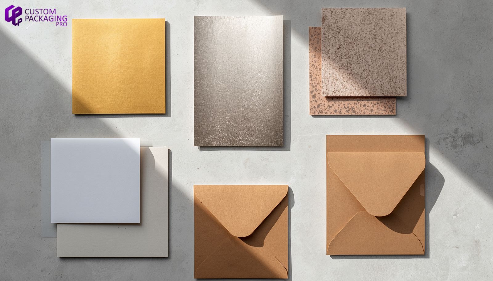 Assorted metallic and holographic foil stamping swatches on paperboard and kraft packaging samples Assorted metallic and holographic foil stamping swatches on paperboard and kraft packaging samples