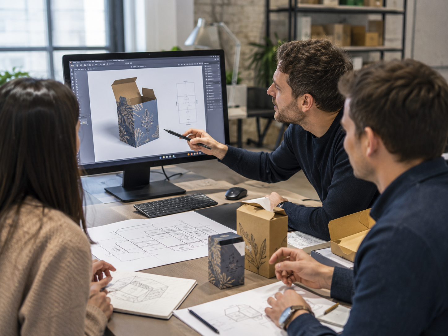 Team reviewing a 3D packaging box model on screen during a custom packaging design session