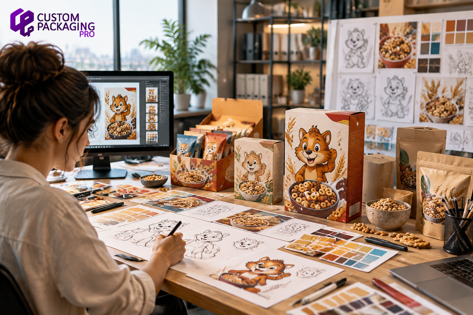 Cereal mascot packaging design process showing custom cereal boxes, character illustrations, and brand development workspace