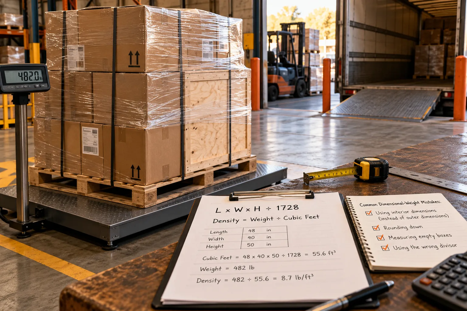 LTL freight pallet with cardboard boxes on an industrial weighing scale, showing dimensional weight measurements and freight density calculations in a shipping warehouse.
