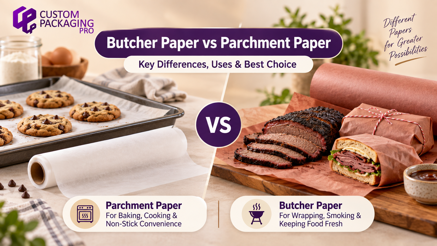 Butcher paper and parchment paper comparison image featuring food wrapping, baking, and kitchen applications