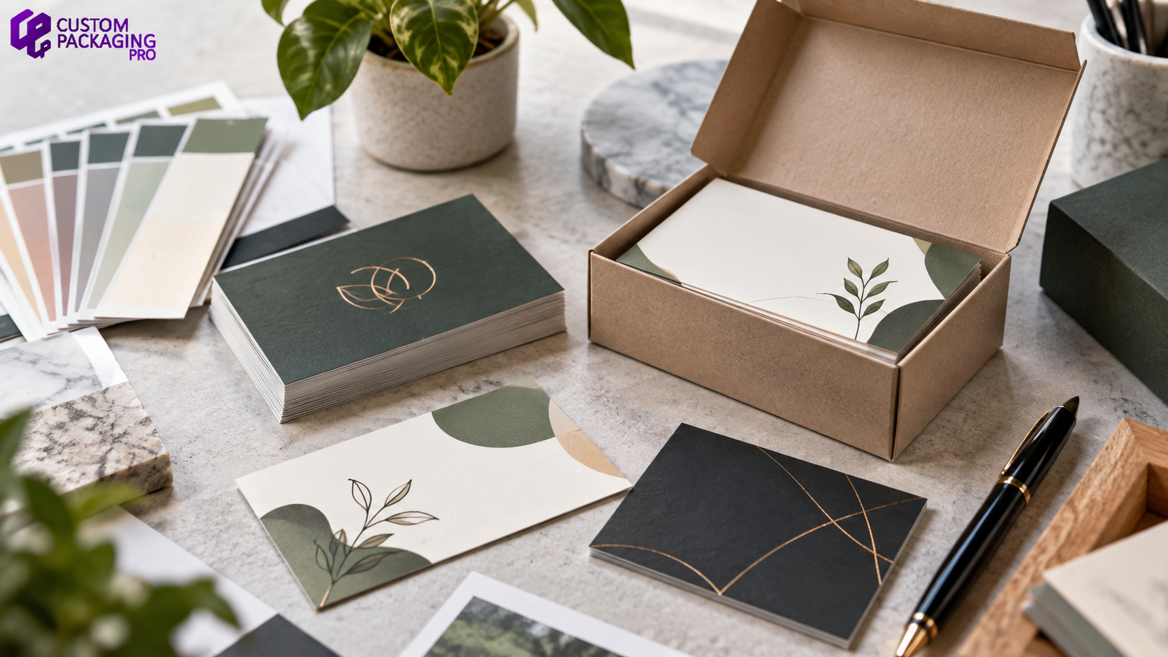 Custom business cards and premium card packaging arranged in a modern stationery layout with Custom Packaging Pro branding Custom business cards and premium card packaging arranged in a modern stationery layout with Custom Packaging Pro branding