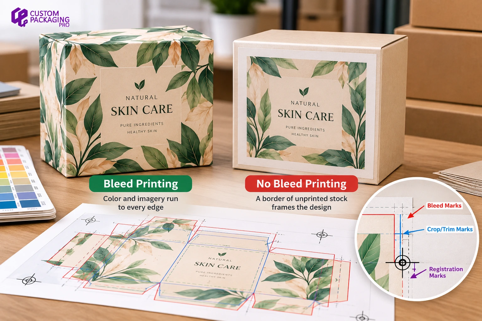Bleed vs no bleed printing comparison showing custom packaging boxes, crop marks, trim marks, bleed marks, and registration marks.
