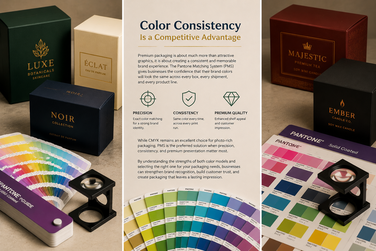 Pantone color swatches with premium packaging boxes demonstrating PMS color consistency for luxury custom packaging and brand identity