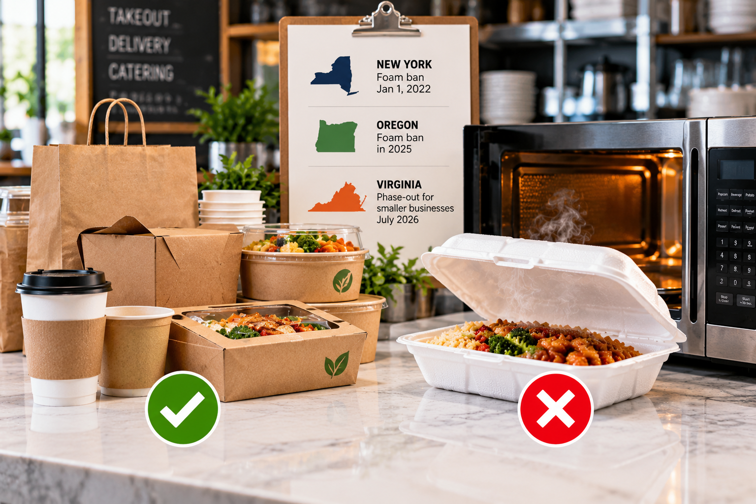 Eco-friendly food packaging compared with Styrofoam takeout containers, highlighting microwave-safe packaging options for restaurants and food businesses.