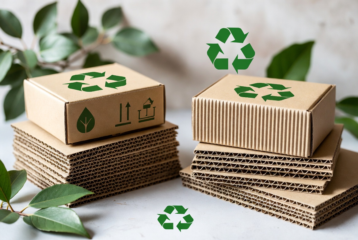 Eco-friendly cardboard packaging showing sustainability benefits with recyclable paperboard and corrugated boxes, green leaves and recycling symbols
