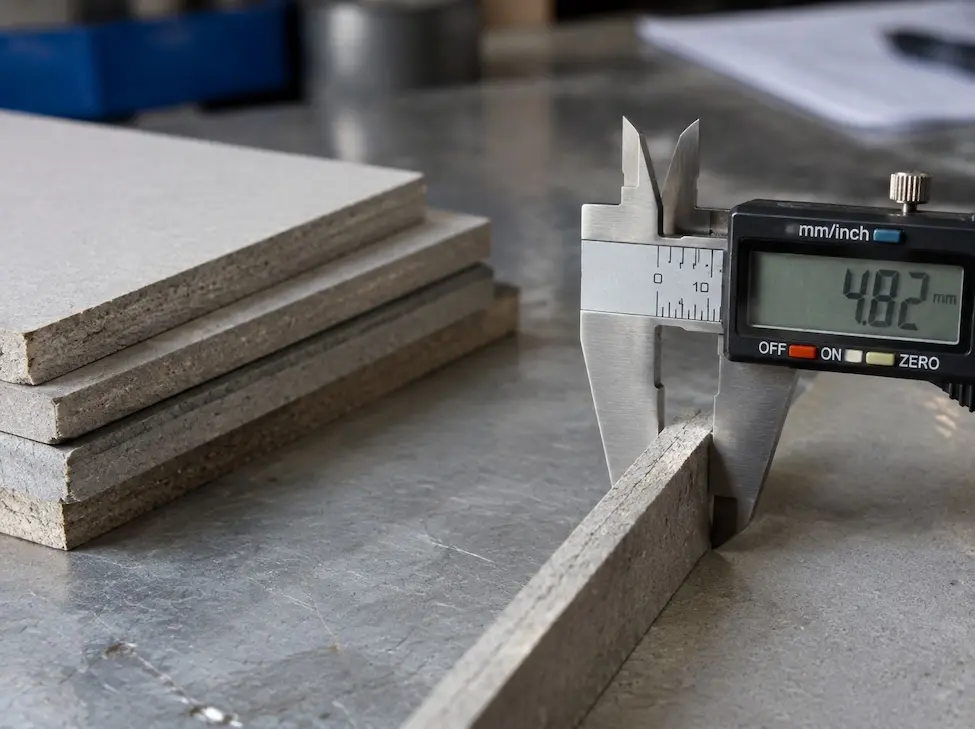 Chipboard thickness comparison showing paperboard samples measured with a digital caliper