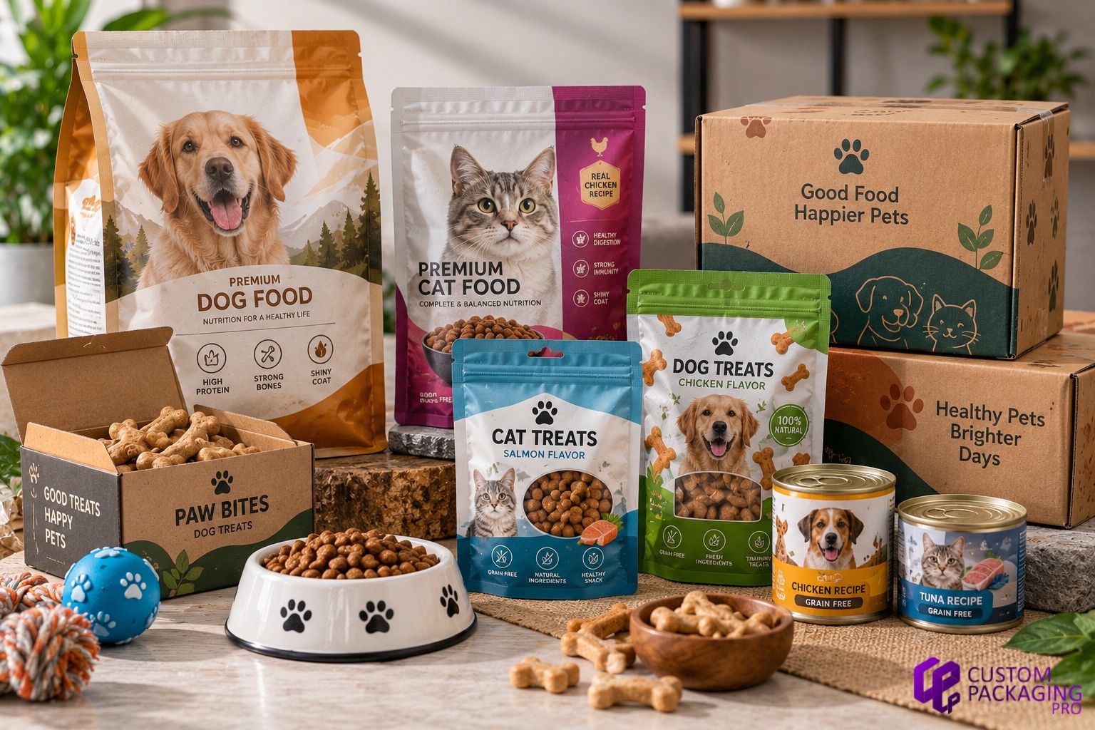 Custom pet food packaging featuring dog and cat food bags, treat pouches, food boxes, tins, and branded pet product packaging display