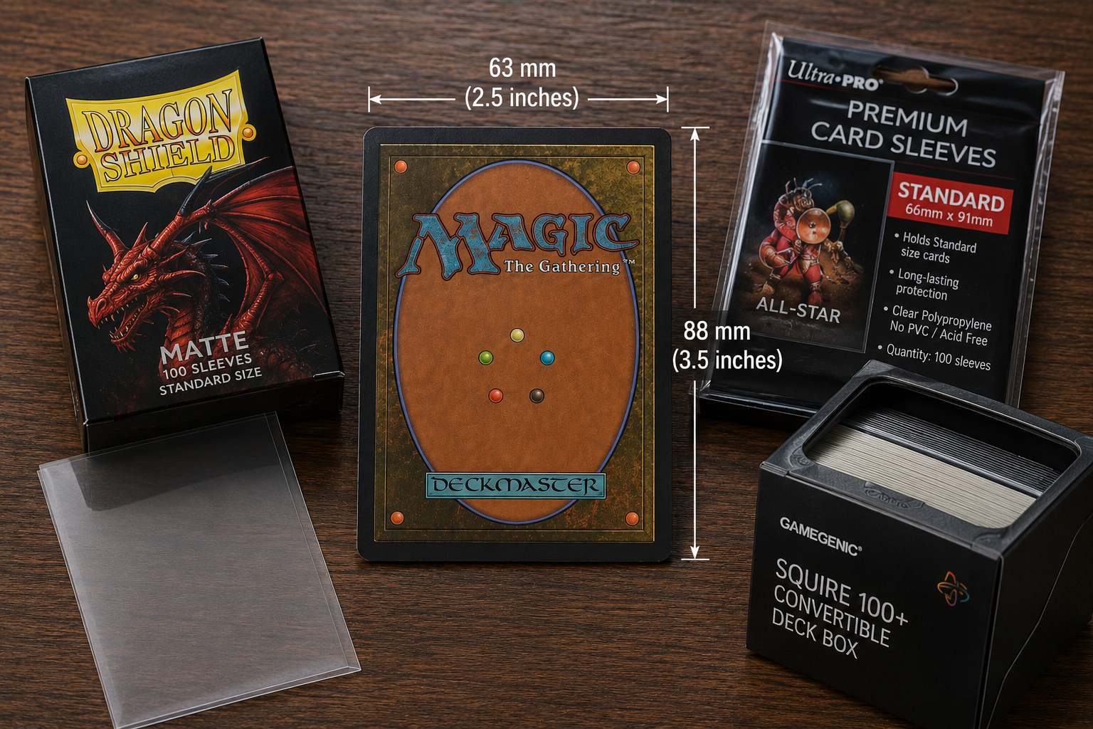MTG card size guide with standard trading card, sleeve packaging, deck box, and 63 mm by 88 mm measurement lines