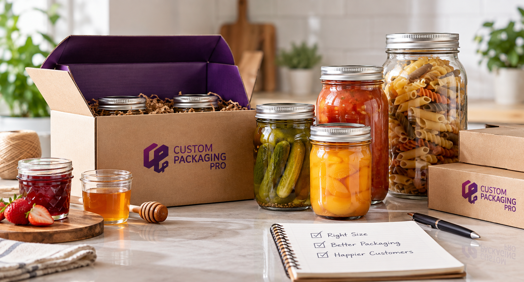 Mason jars in different sizes packed with foods alongside custom packaging boxes for safe retail storage and shipping Mason jars in different sizes packed with foods alongside custom packaging boxes for safe retail storage and shipping