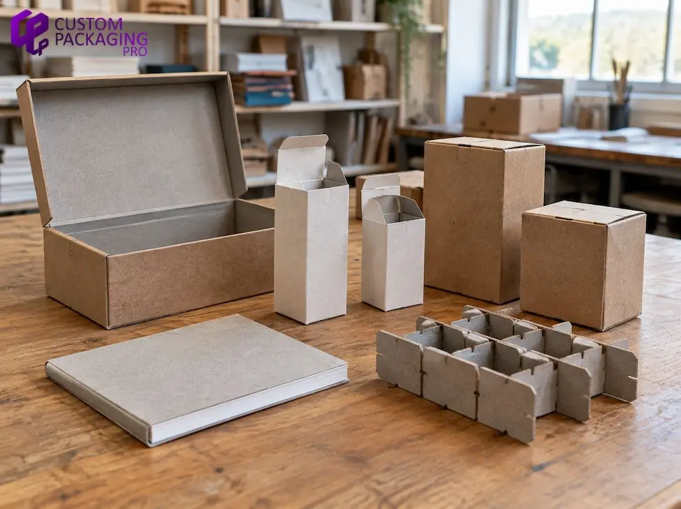 Different types of chipboard including recycled grayboard, white-lined chipboard, and kraft chipboard