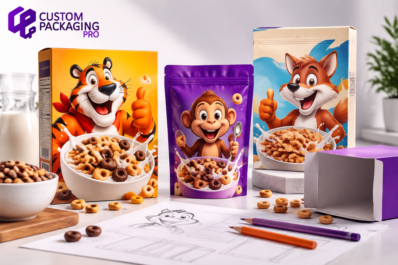 Cereal mascot packaging design process showing custom cereal boxes, character illustrations, and brand development workspace