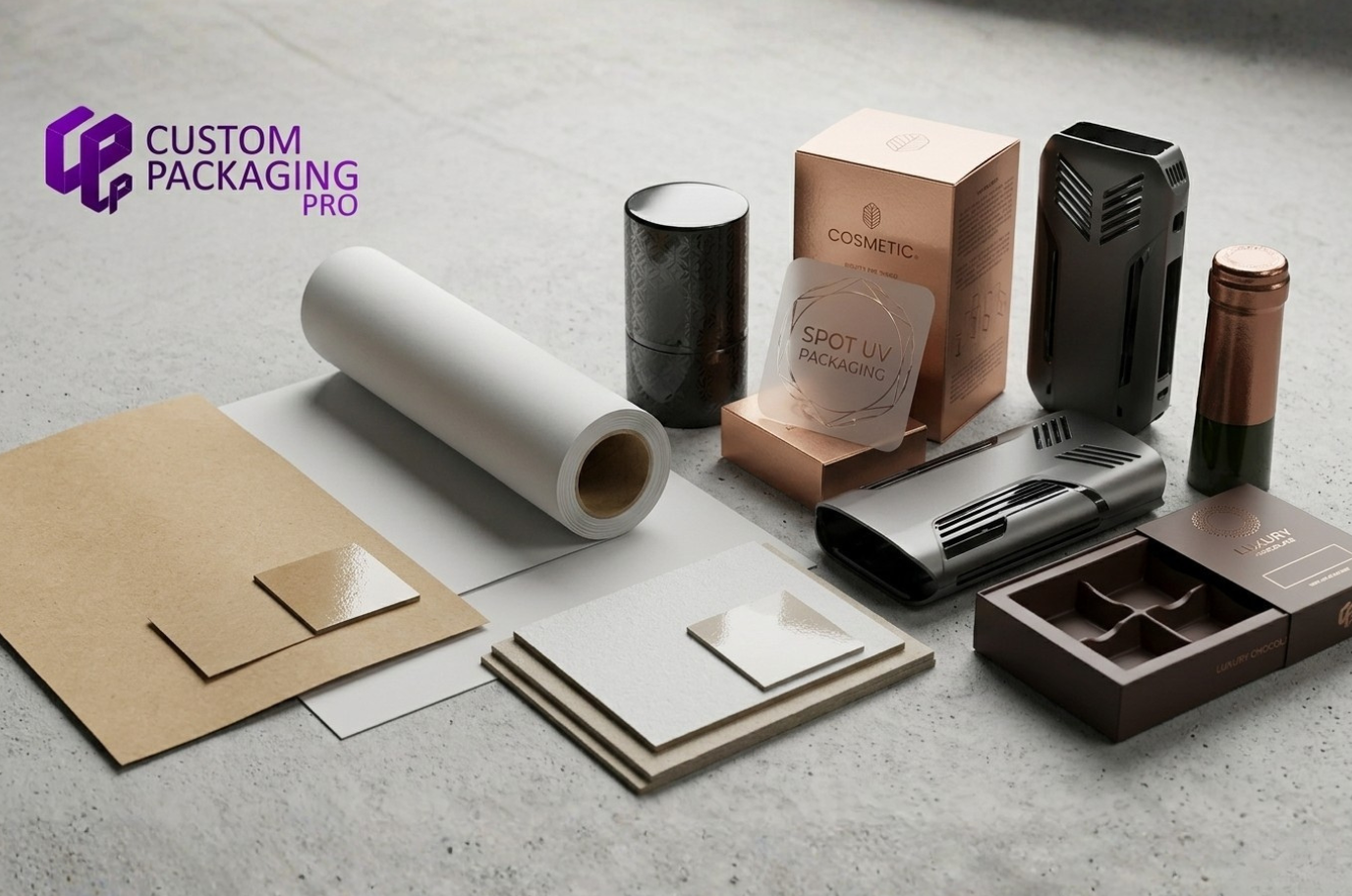 A collection of varied materials (kraft paper, rigid board) and finished cosmetic boxes with glossy Spot UV patterns from Custom Packaging Pro