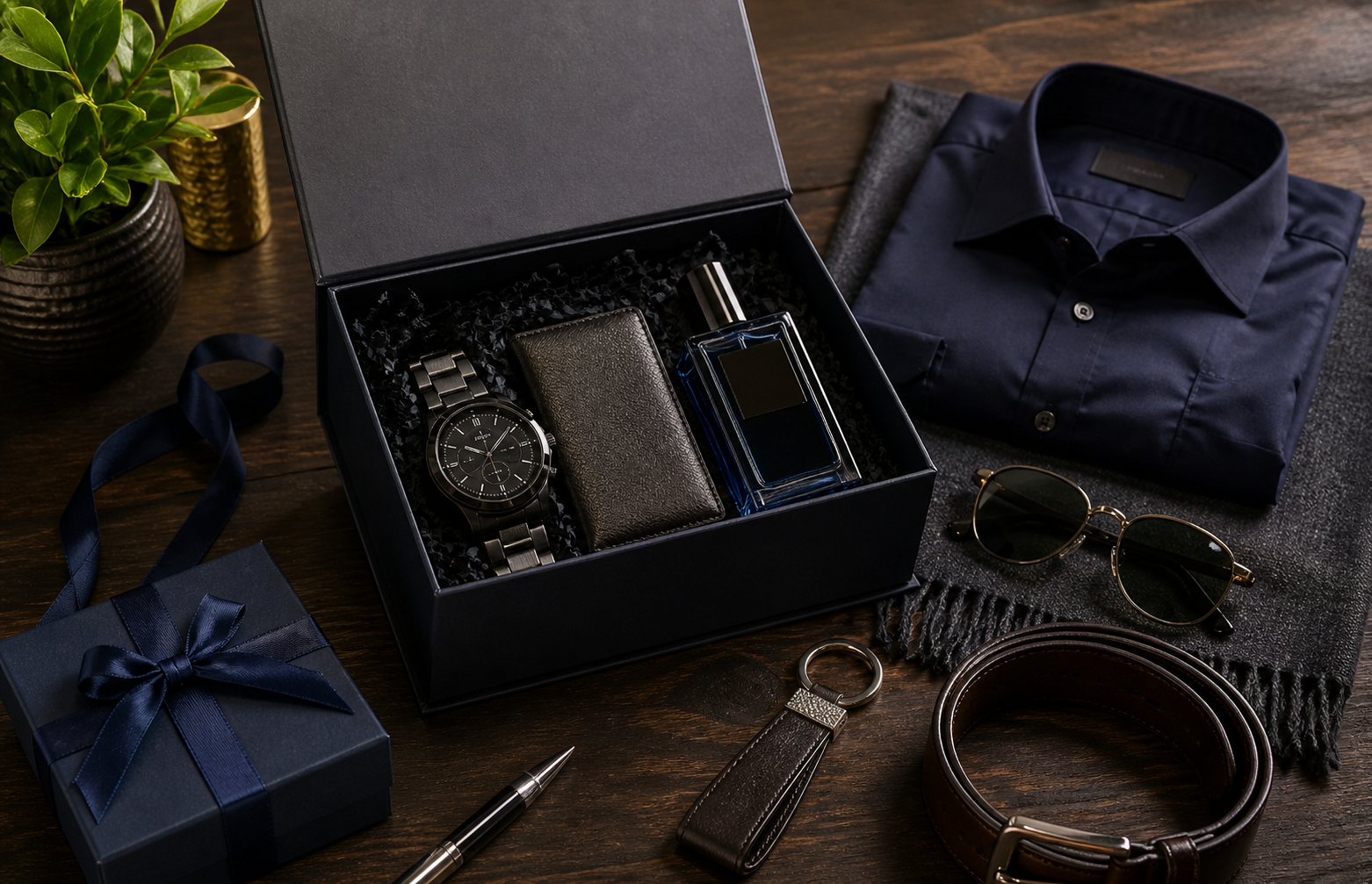 Luxury rigid gift packaging box with premium custom packaging, men's accessories, perfume, watch, tie, and shirt in a premium presentation gift set