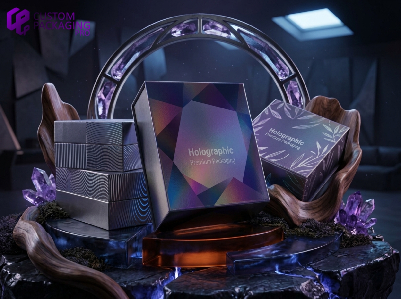 Custom rigid gift boxes with multi-colored holographic and silver patterned finishes, arranged on a geometric display stage featuring purple crystals and dark rock textures.
