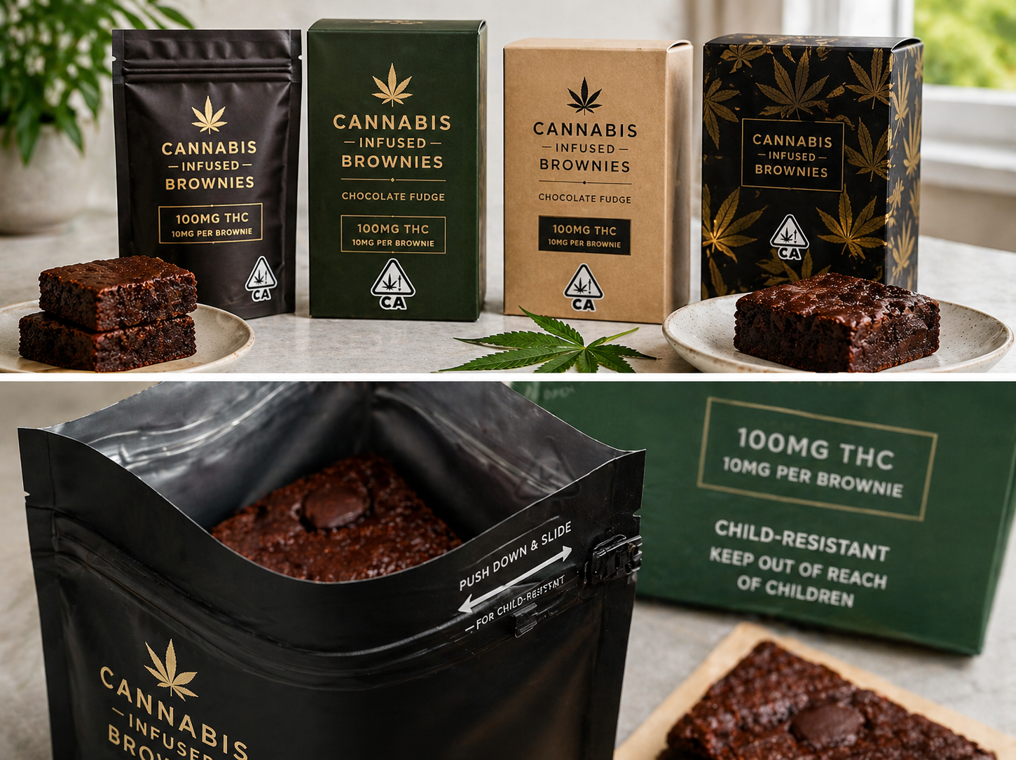 Different cannabis edible packaging types including mylar bags, rigid boxes, and folding cartons for pot brownies