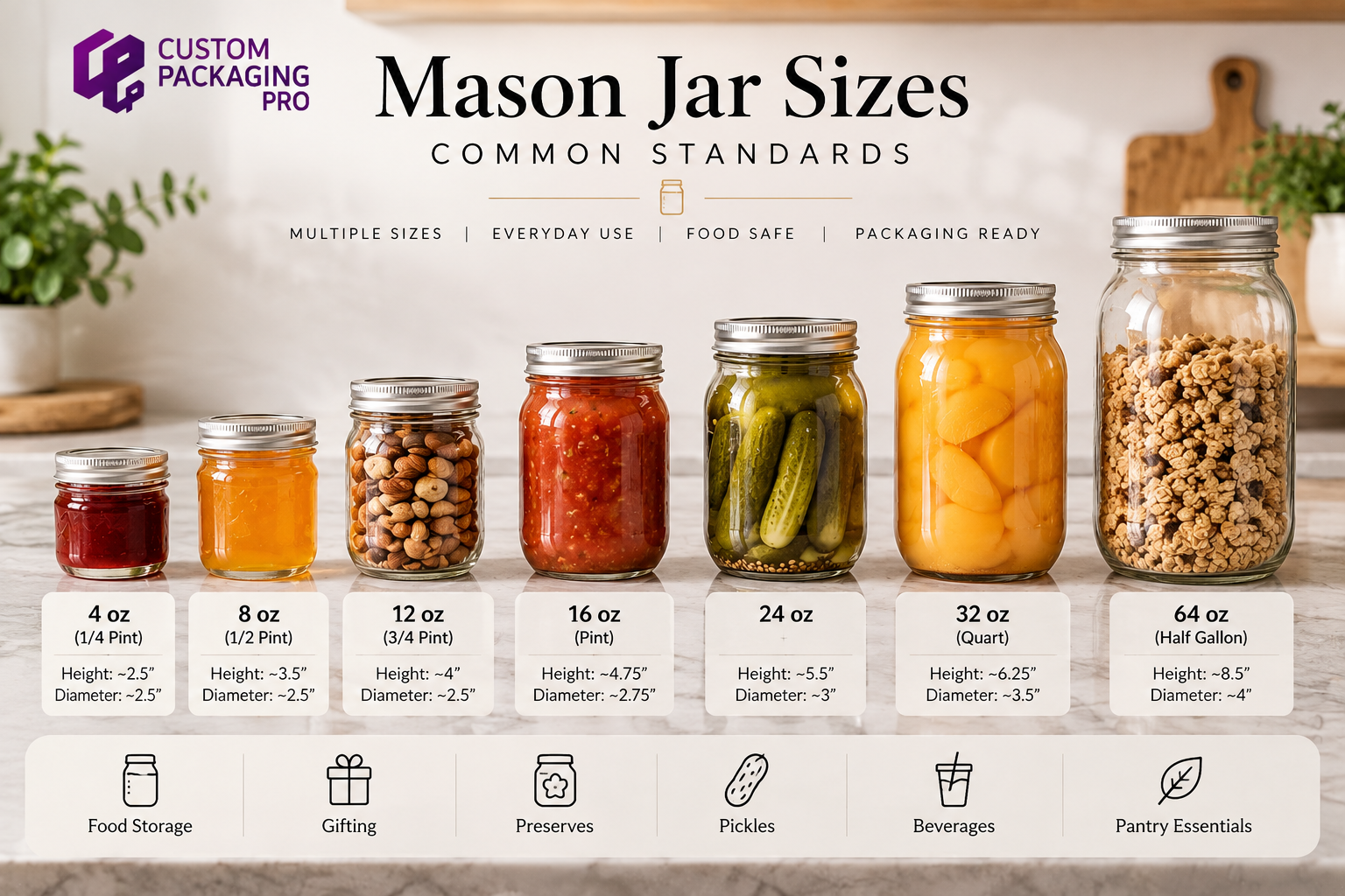 Mason jar sizes chart showing common 4 oz, 8 oz, 12 oz, 16 oz, 24 oz, 32 oz, and 64 oz jar standards with typical uses Mason jar sizes chart showing common 4 oz, 8 oz, 12 oz, 16 oz, 24 oz, 32 oz, and 64 oz jar standards with typical uses