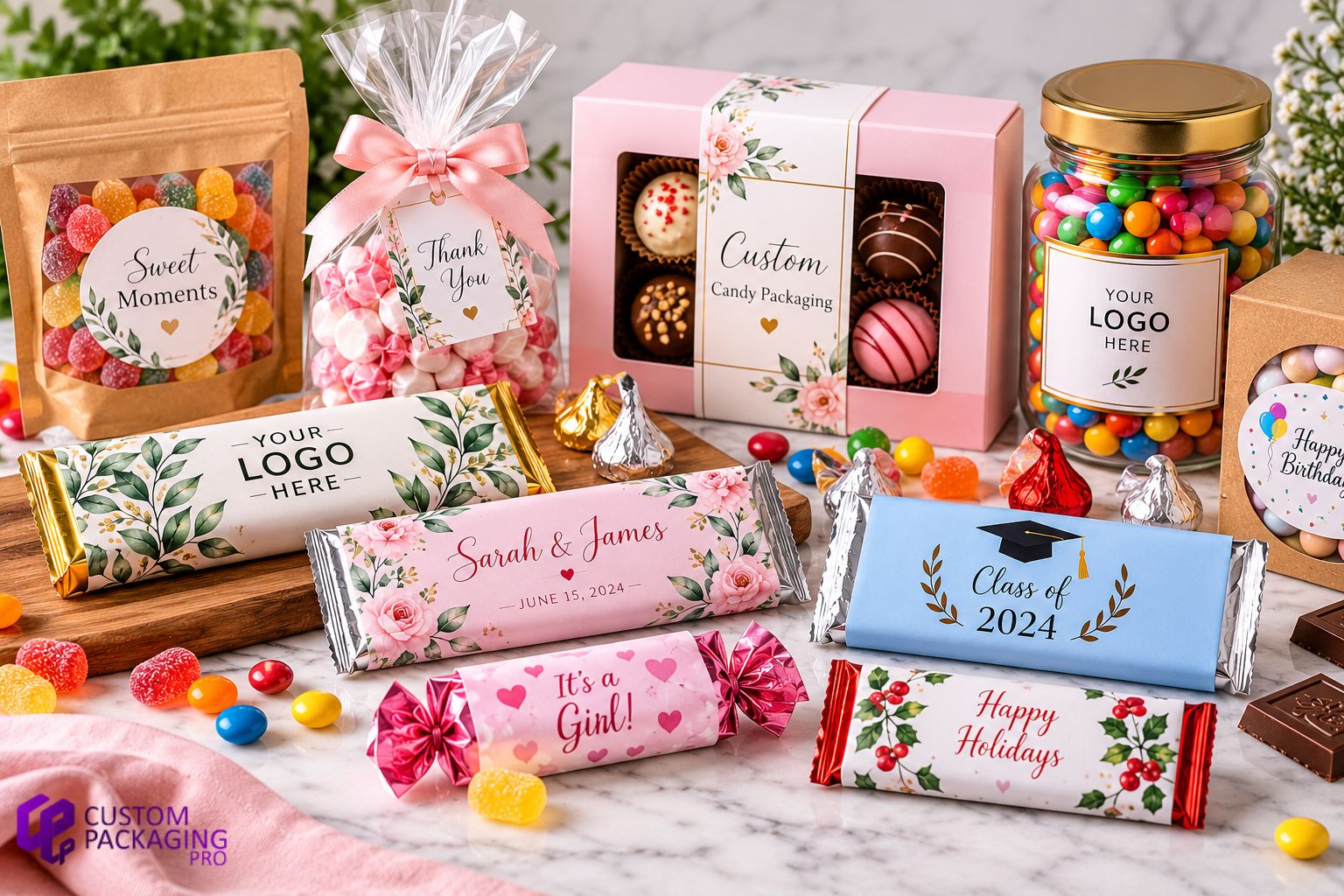 Custom candy packaging display with personalized chocolate wrappers, candy bags, gift boxes, branded candy jar, and assorted sweet favors for special events