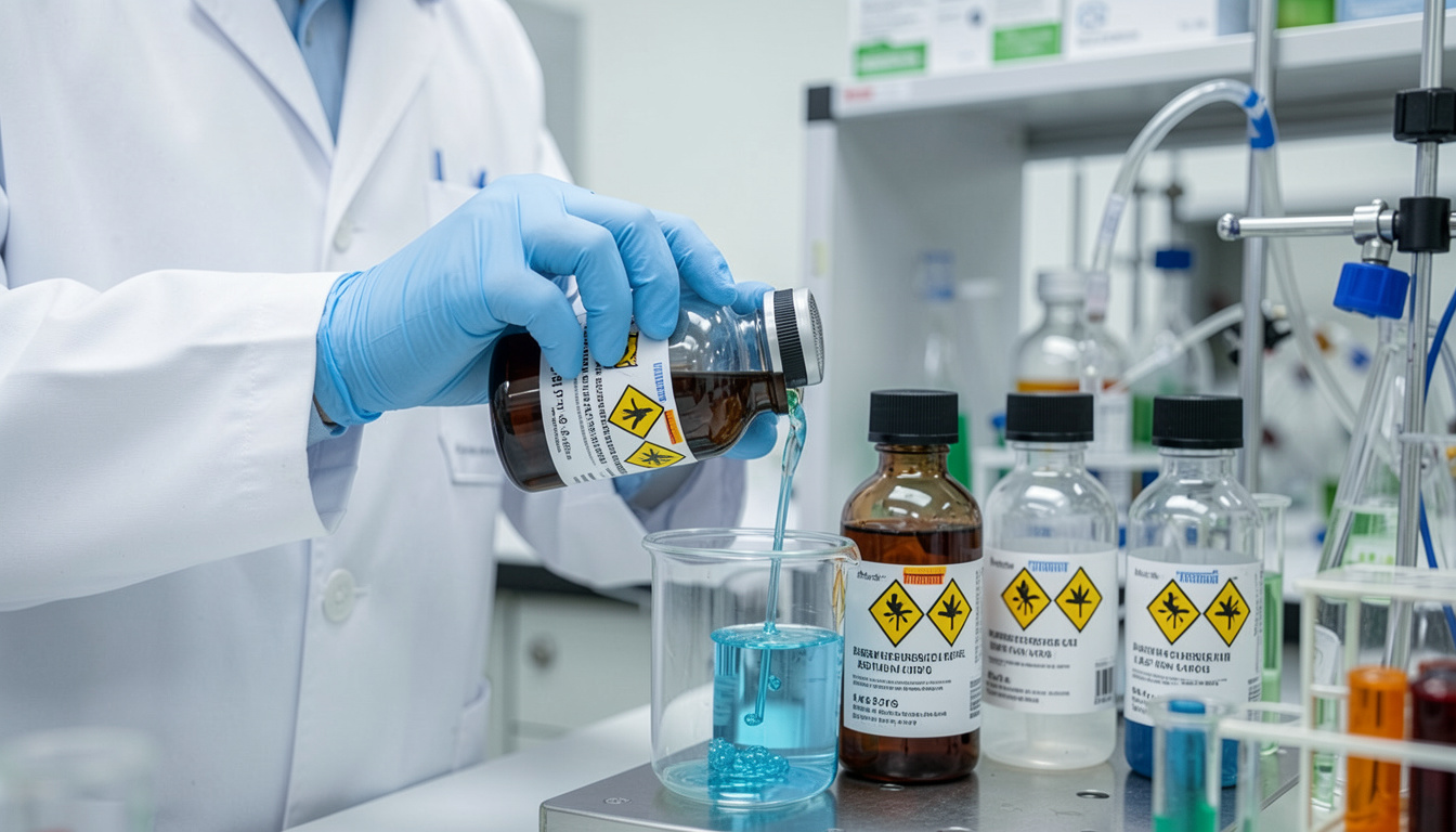 reagent bottles with hazard labels