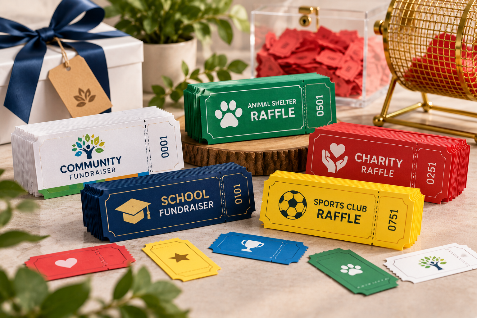 raffle tickets with logos, colorful branded designs, numbered stubs, and perforated edges for fundraising events