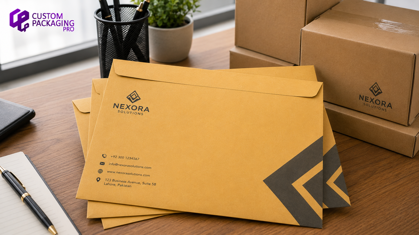 Custom branded manila envelopes with delivery boxes on office desk