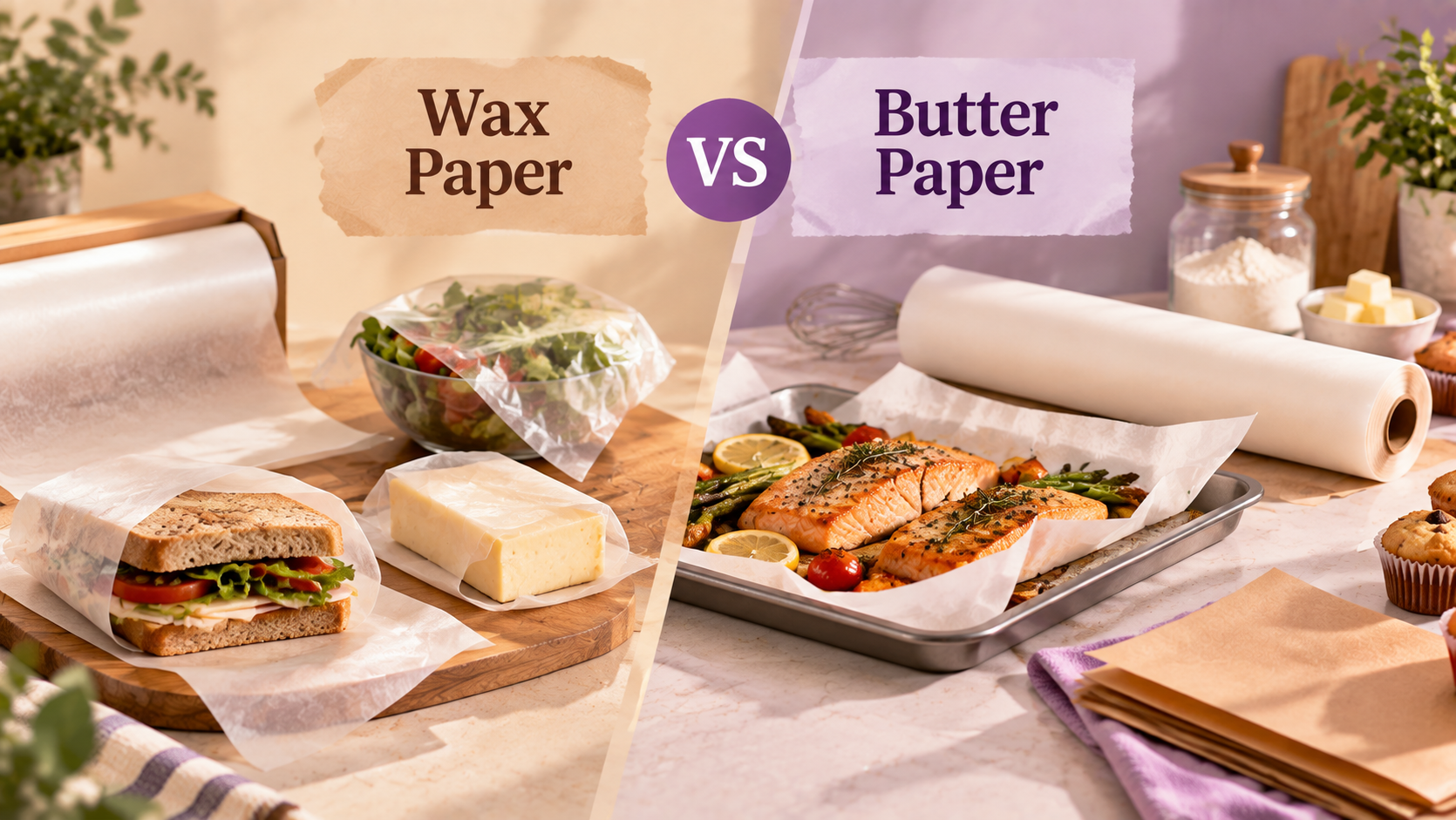 Wax paper vs butter paper comparison showing food wrapping, parchment paper alternative, baking preparation, and grease-resistant paper uses