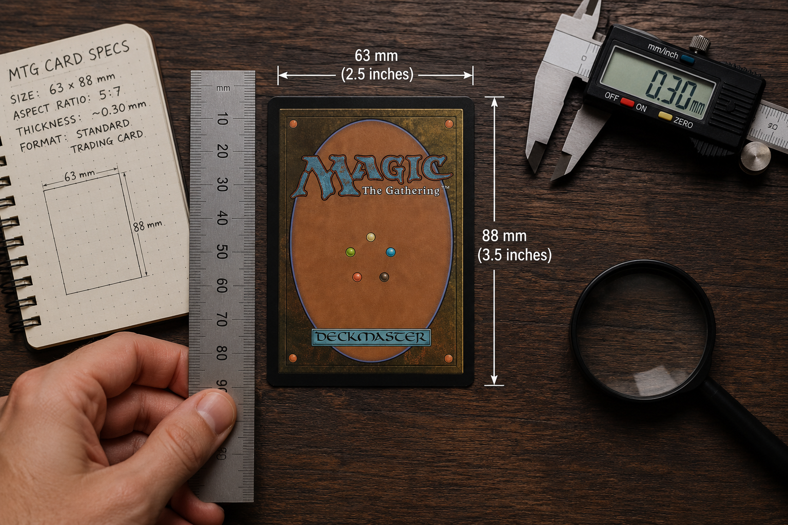 MTG card size measurement with ruler, digital caliper, 63 mm width and 88 mm height guide on wooden desk