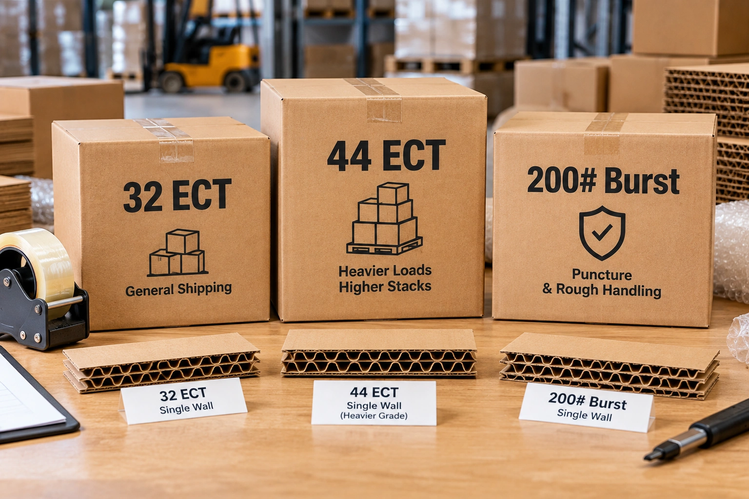 Comparison of 32 ECT, 44 ECT, and 200# burst corrugated shipping boxes showing stacking strength, heavier load support, and puncture resistance.