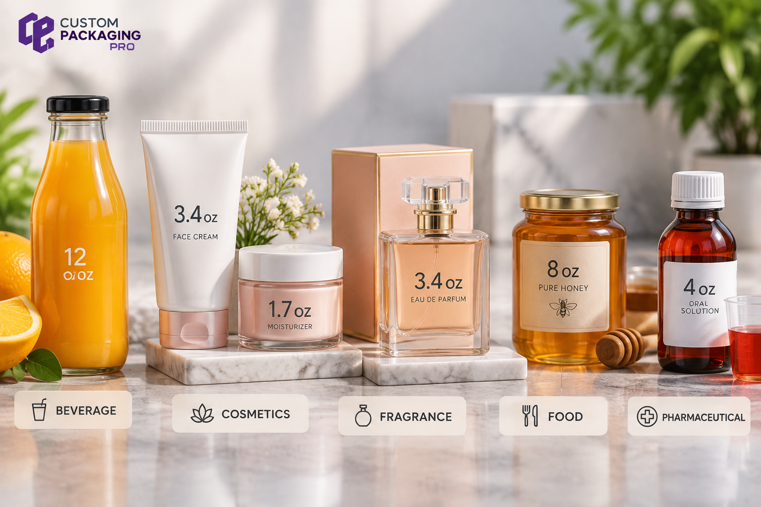 Ounces measurement guide showing fluid ounce conversions across beverage, cosmetic, fragrance, food, and healthcare products