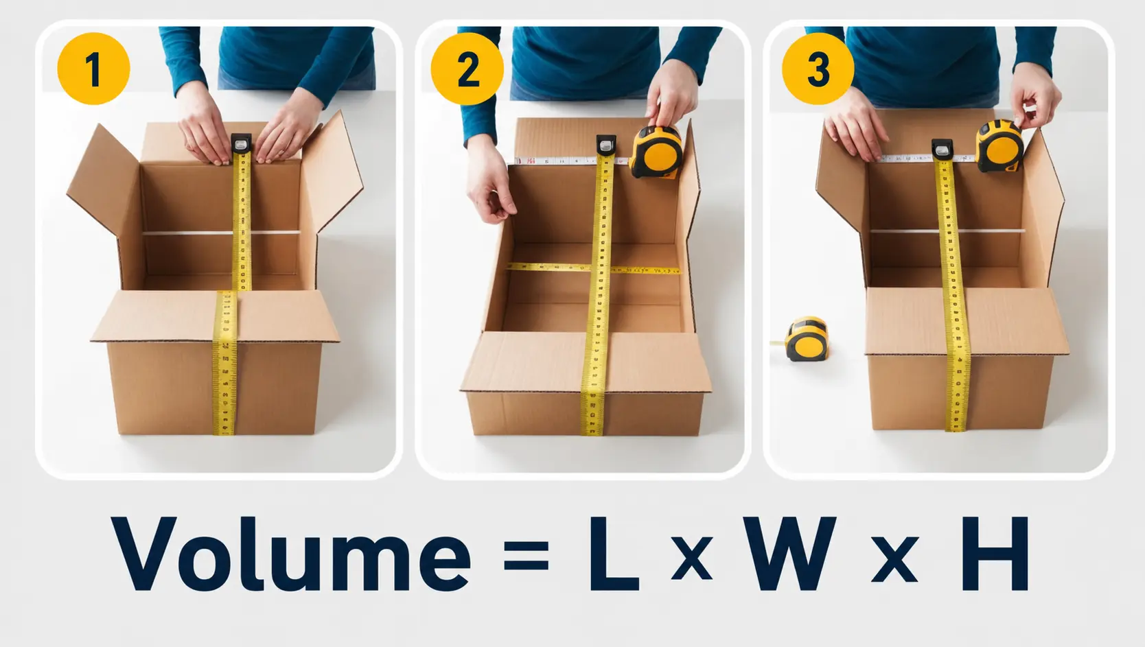 3 steps to measure length width height of a box with a tape measure, Volume = L &times; W &times; H