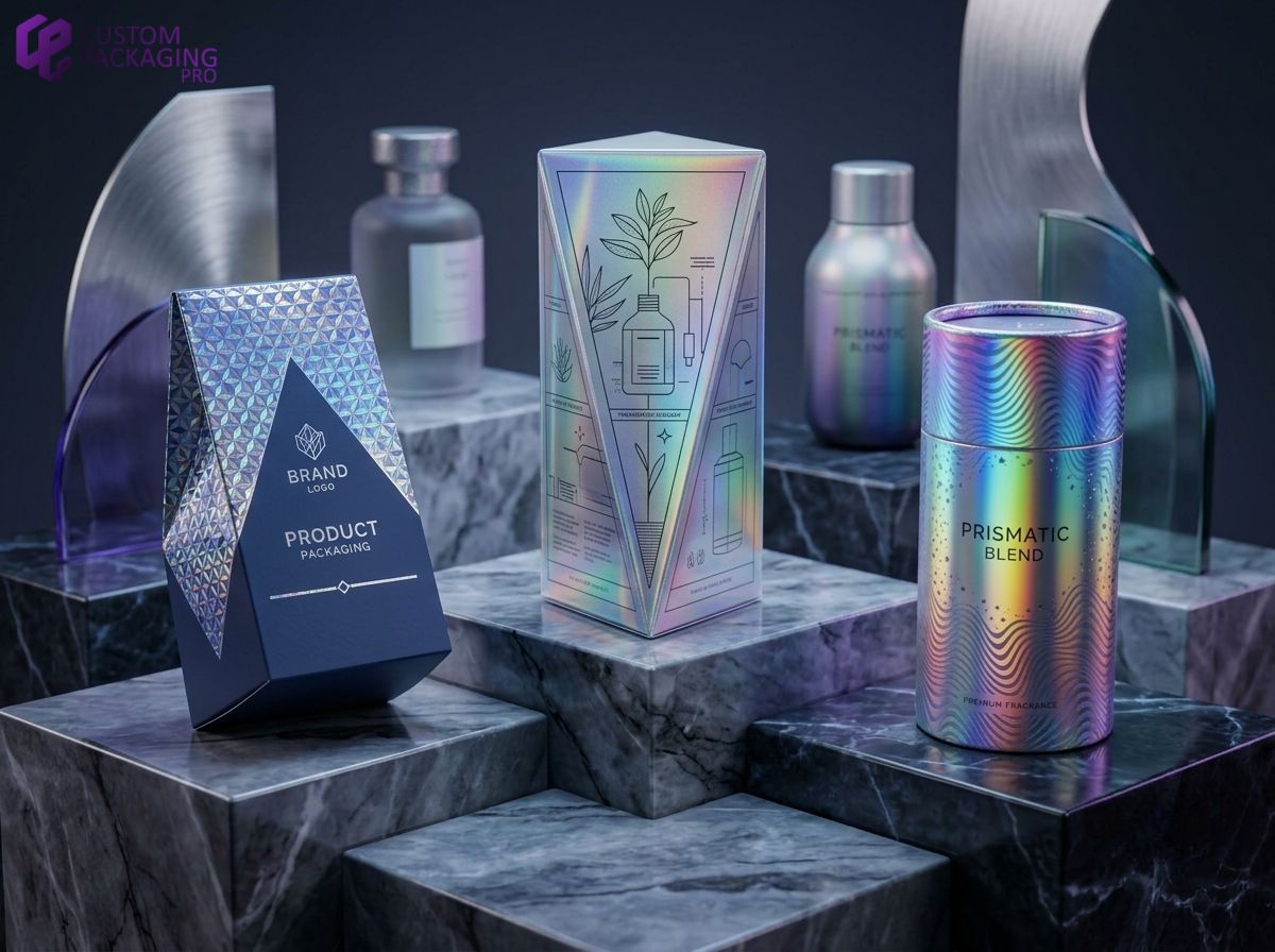 Different types of holographic product packaging including a prism box with schematic art, a geometric patterned bag, and a wavy rainbow gradient tube displayed on marble plinths.