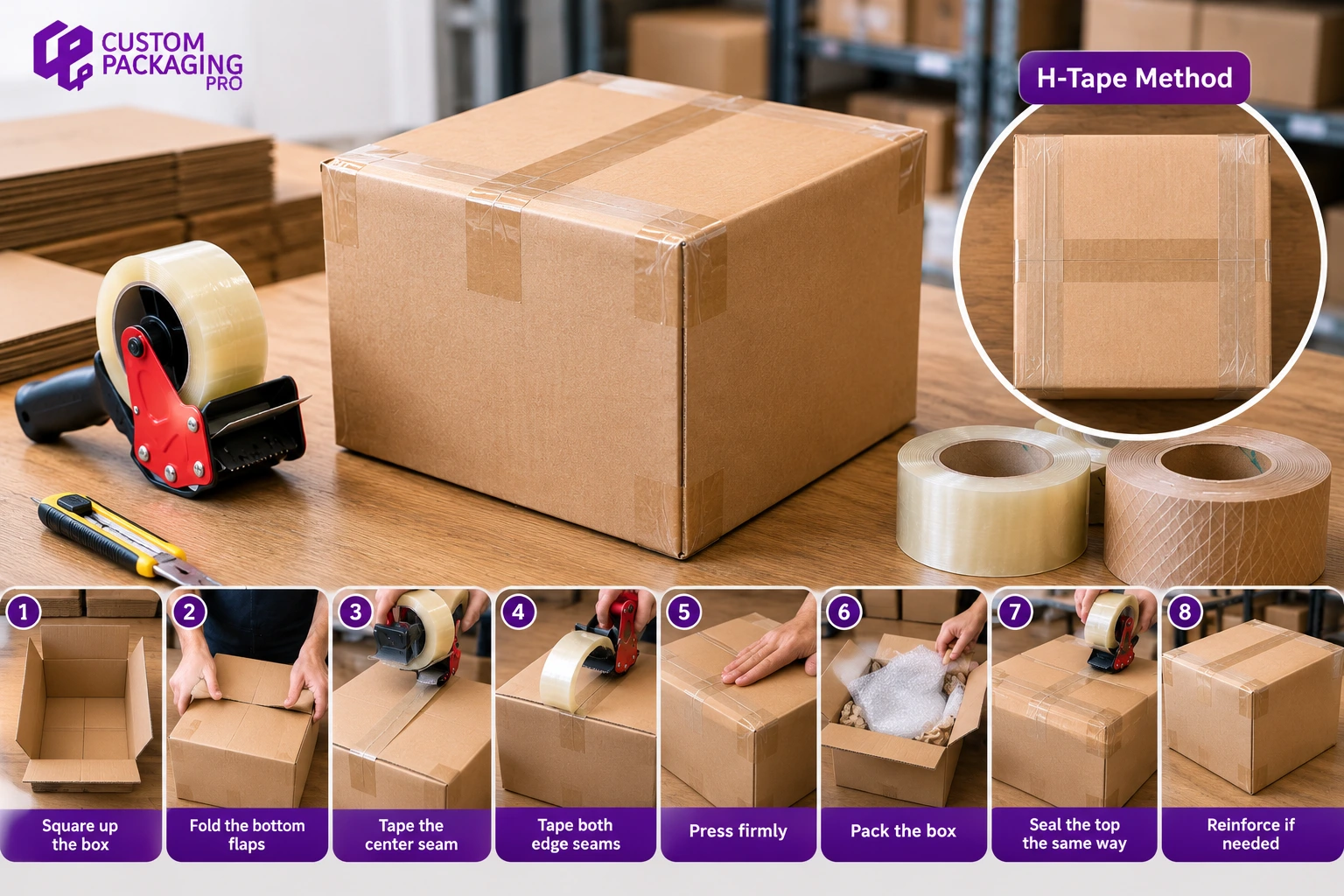Step-by-step H-tape method for sealing a corrugated shipping box with packing tape, showing all eight steps for secure box packaging.