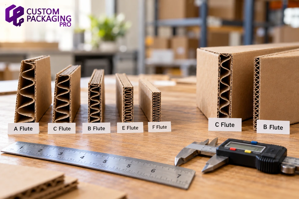 Corrugated flute size comparison showing A, C, B, E and F flute cardboard samples with different thicknesses, wave patterns, ruler and digital caliper.