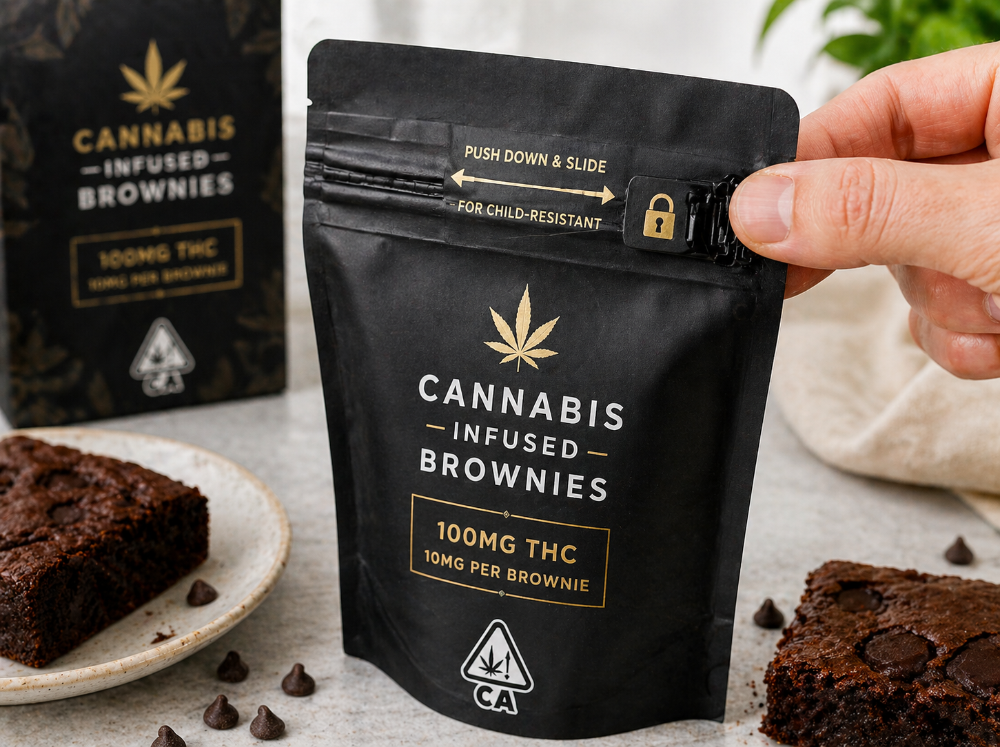 Close-up of child-resistant mylar bag packaging for pot brownies with secure locking mechanism