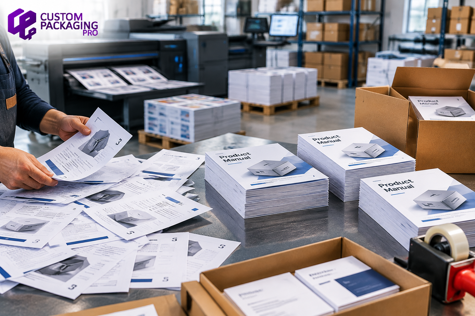 Commercial printing workflow showing sorted and unsorted product manuals for collated document preparation and packaging