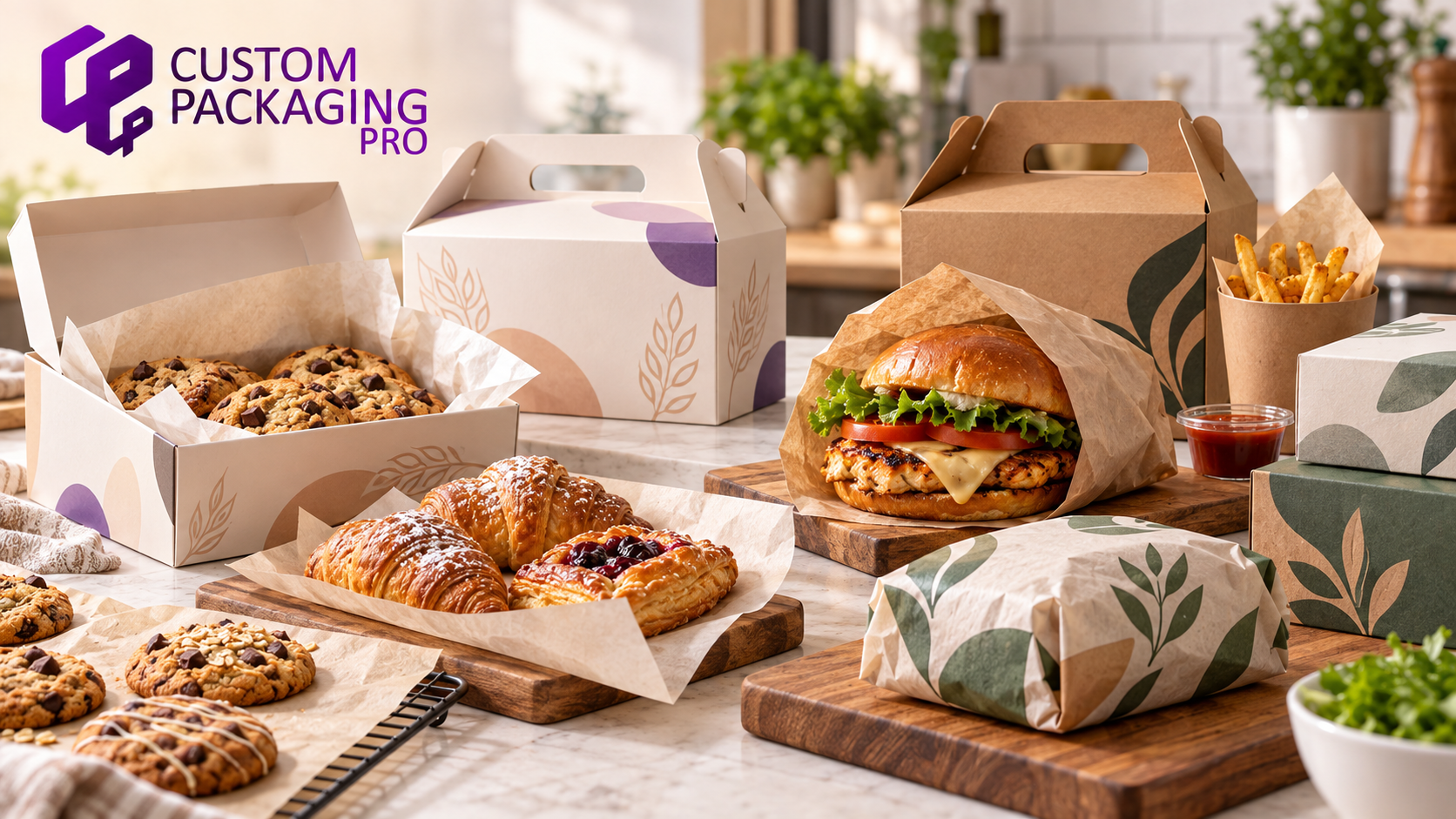 Custom food packaging display featuring bakery products, parchment paper, butcher paper wrapping, and branded packaging solutions