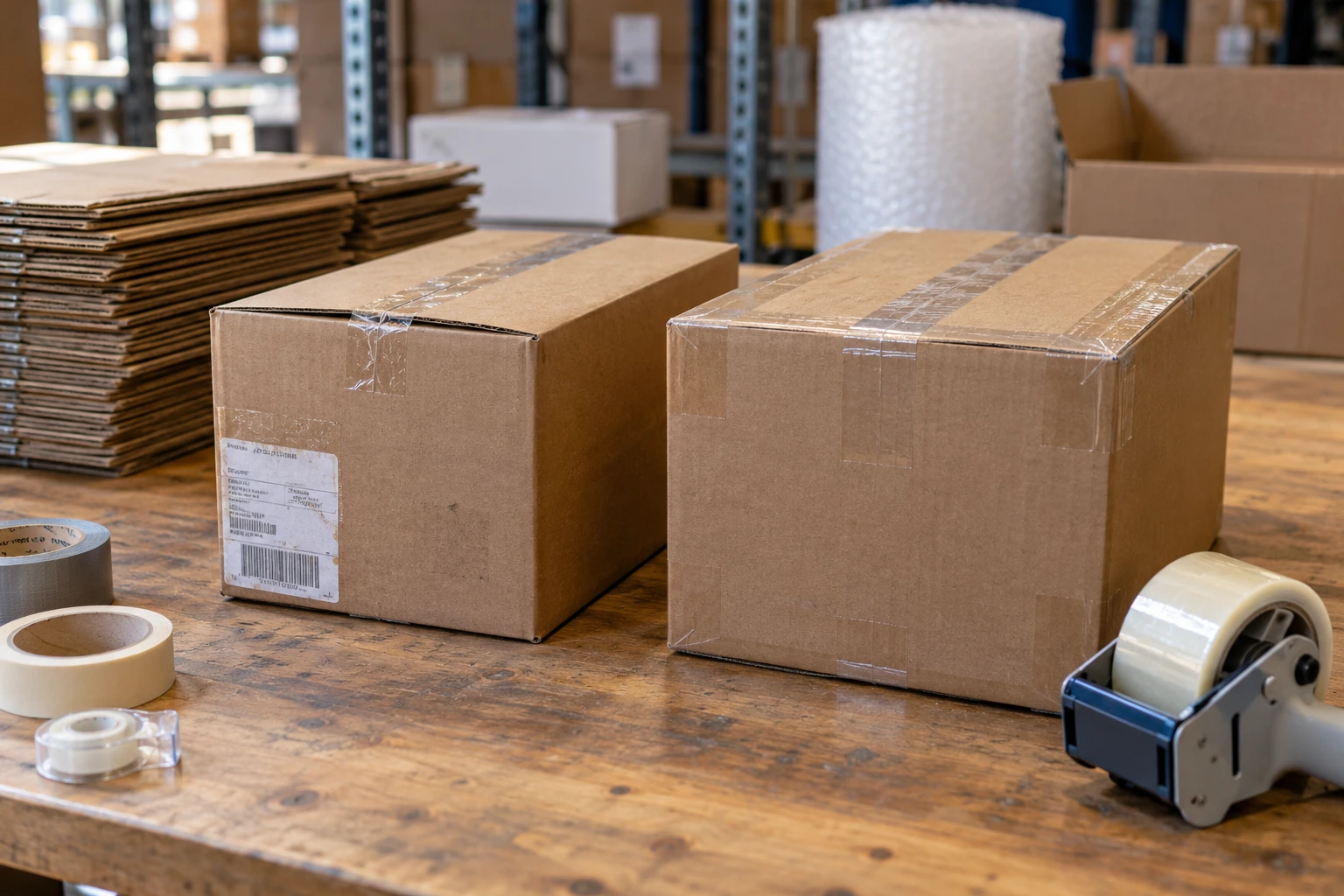 Comparison of improperly taped and securely sealed corrugated shipping boxes with packing tape and tape dispenser on a warehouse worktable.