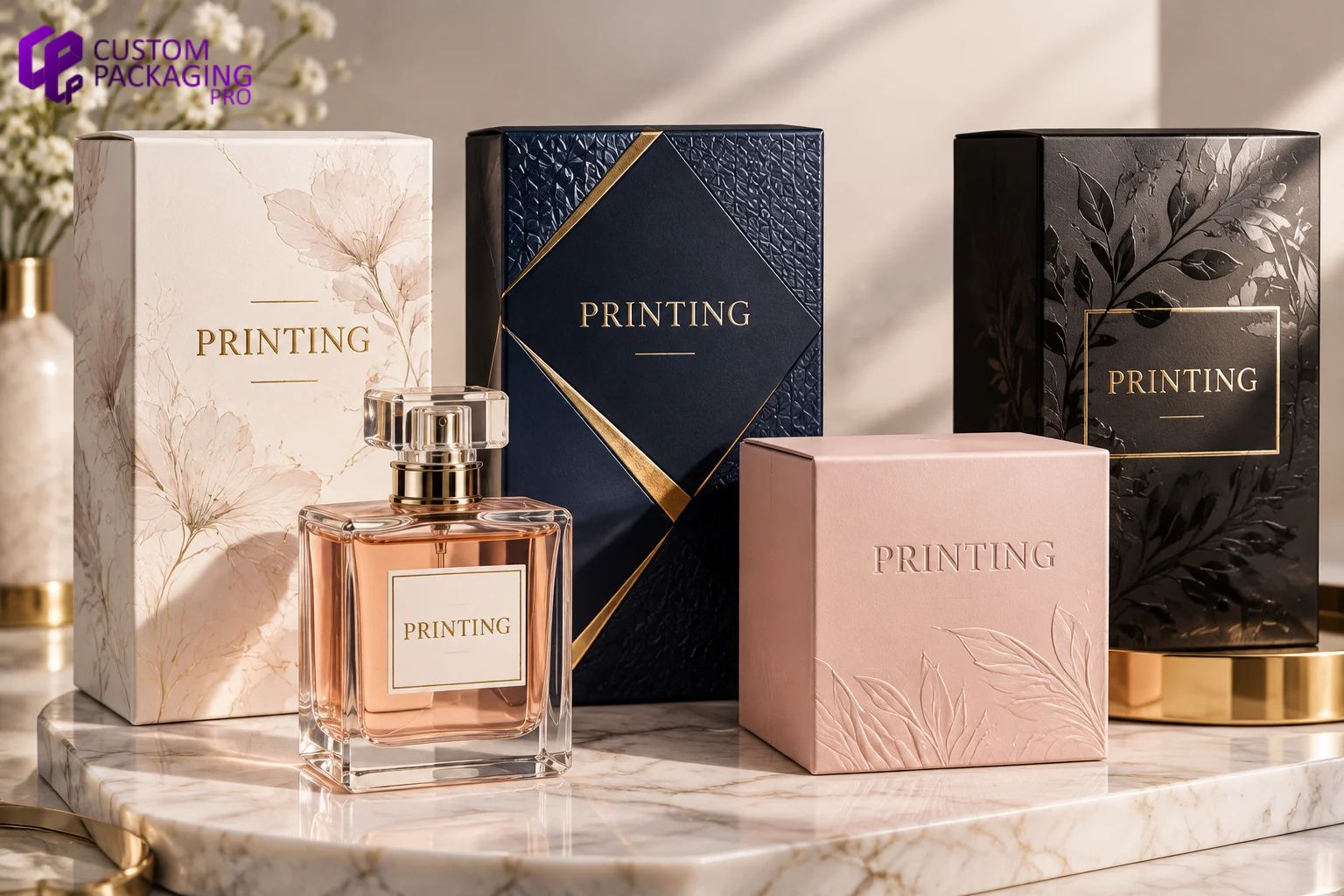 Custom fragrance packaging featuring luxury perfume bottles, printed boxes, and premium packaging designs
